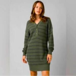 NWT Prana Milani Henley Dress Soft Wool Blend Kale Stripe Army Green V-Neck‎ M